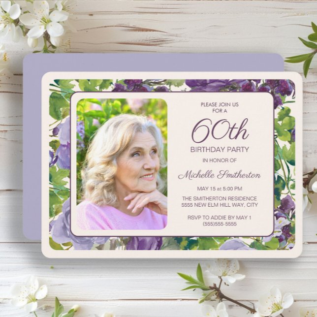 Purple Floral Green Leaves 60th Birthday Photo Invitation (Elegant purple watercolor floral and greenery 60th birthday party photo invitation)