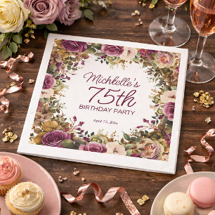 Purple Floral Green Leaves 75th Birthday Napkins