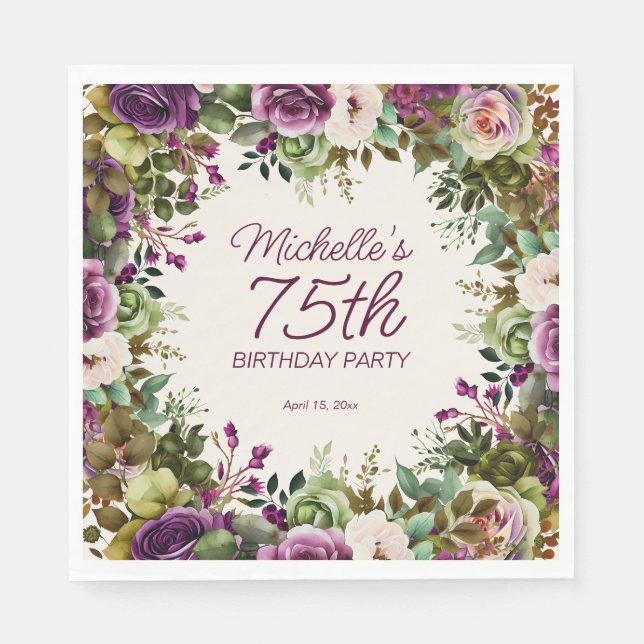 Purple Floral Green Leaves 75th Birthday Napkins (Front)