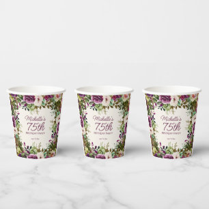 Purple Floral Green Leaves 75th Birthday Paper Cups