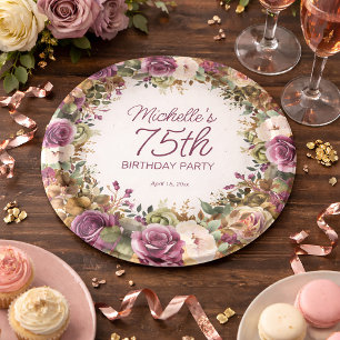 Purple Floral Green Leaves 75th Birthday Paper Plates
