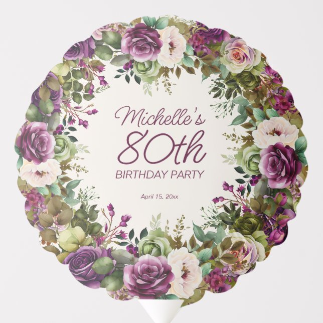 Purple Floral Green Leaves 80th Birthday Balloon (Front)
