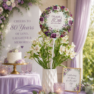 Purple Floral Green Leaves 80th Birthday Balloon
