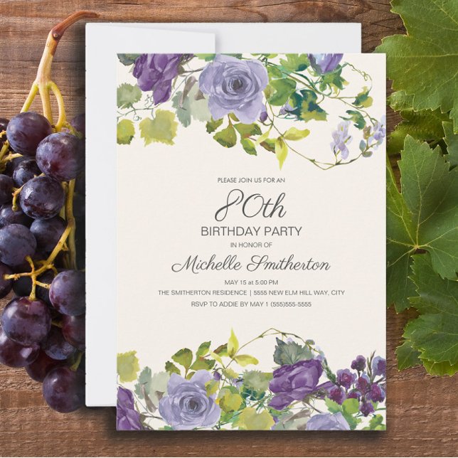 Purple Floral Green Leaves 80th Birthday Invitation (Purple floral and green vines 80th birthday party invitation)
