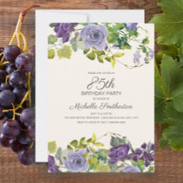 Purple Floral Green Leaves 85th Birthday Invitation