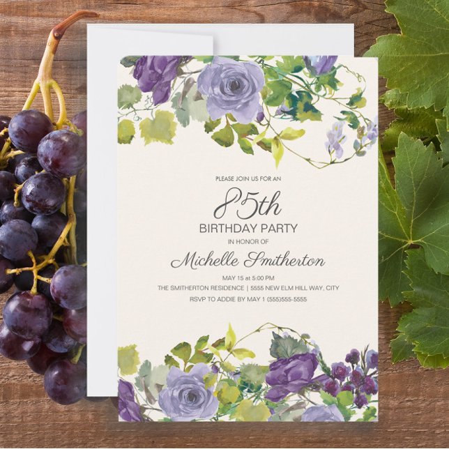 Purple Floral Green Leaves 85th Birthday Invitation (Purple floral and vines 85th birthday party invitation)