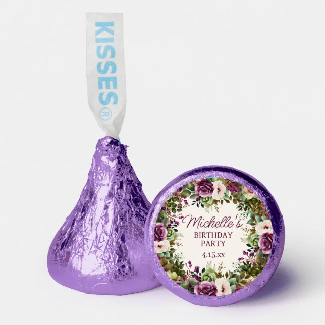 Purple Floral Green Leaves Birthday Hershey®'s Kisses® (Front)