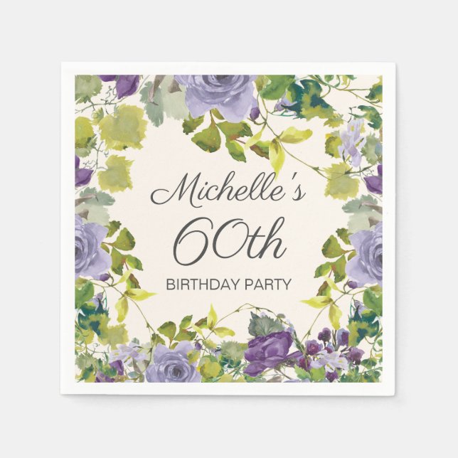 Purple Floral Green Leaves Editable 60th Birthday Napkins (Front)