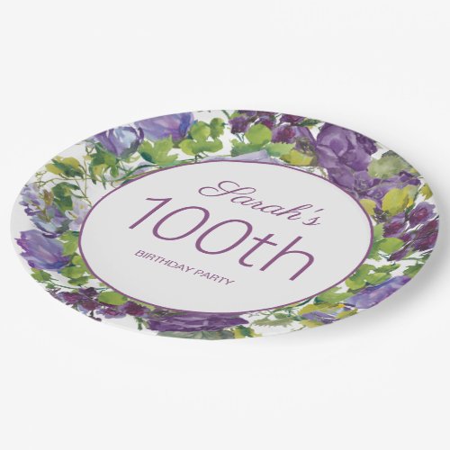 Purple Floral Green Leaves Vines 100th Birthday Paper Plates