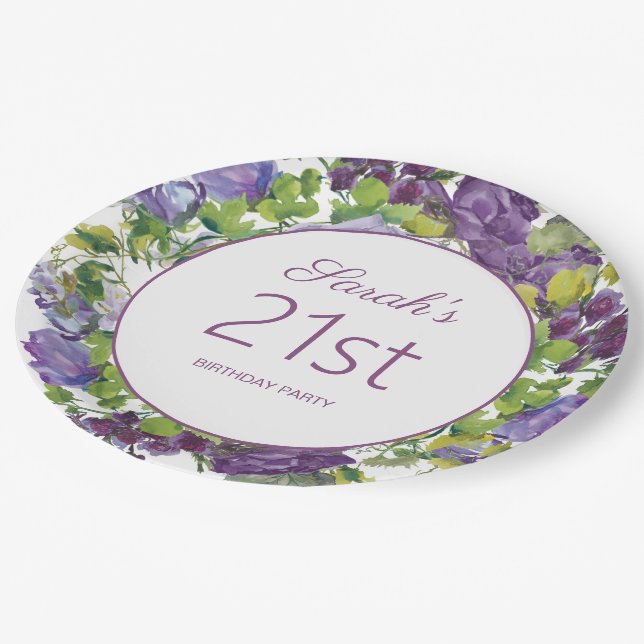 Purple Floral Green Leaves Vines 21st Birthday Paper Plates (Angled)