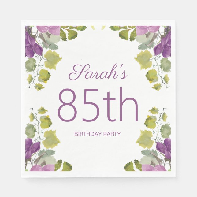 Purple Floral Green Leaves Vines 85th Birthday Napkins (Front)