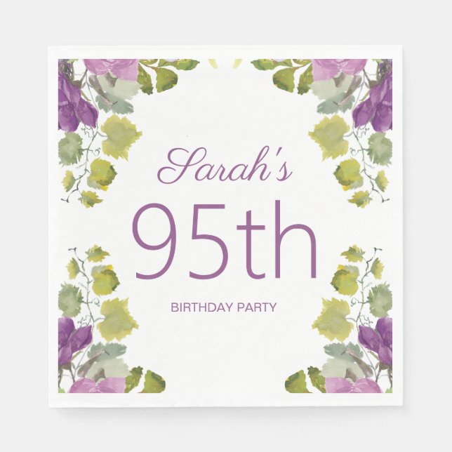 Purple Floral Green Leaves Vines 95th Birthday Napkins (Front)