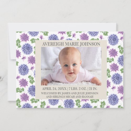 Purple Floral Green Leaves White Girl Photo Birth Announcement