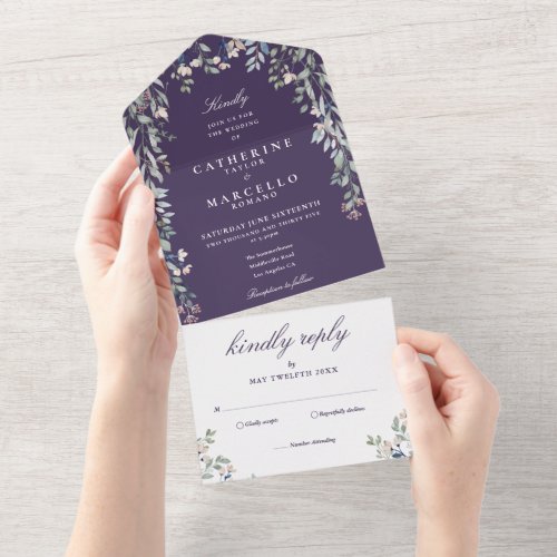 Purple Floral Greenery Cascade Wedding All In  All In One Invitation