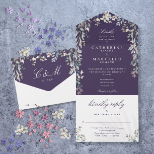Purple Floral Greenery Cascade Wedding All In One Invitation