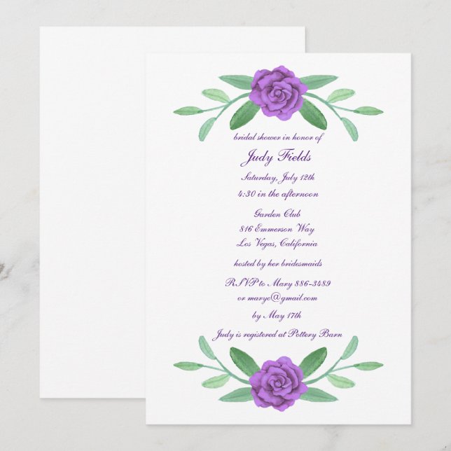 Purple Floral Greenery Foliage Bridal Shower Invitation (Front/Back)