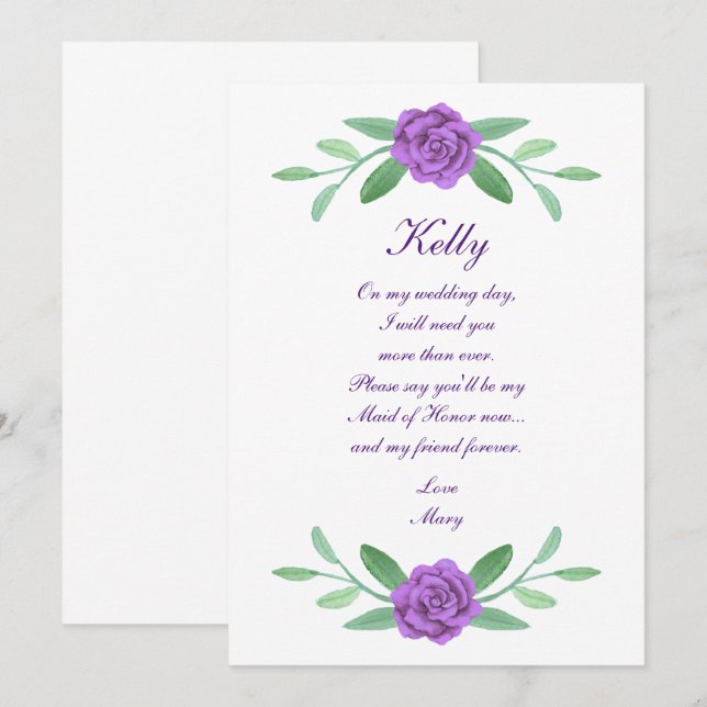 Purple Floral Greenery Foliage Maid Of Honor Card (Front/Back)