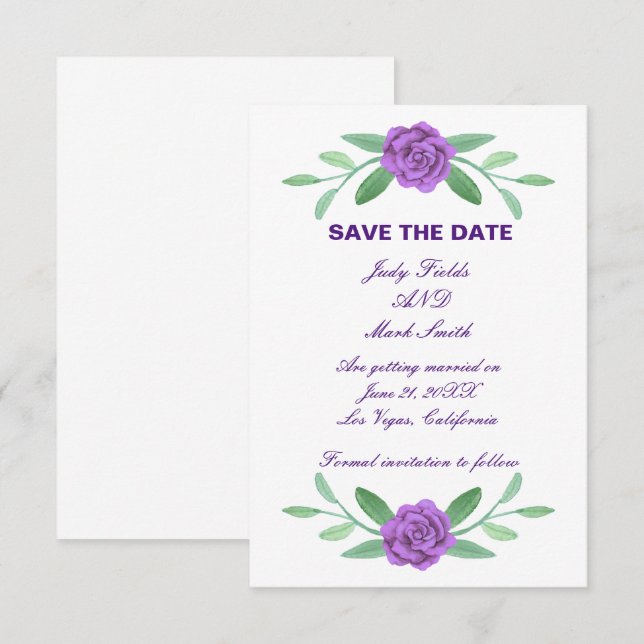 Purple Floral Greenery Foliage Save The Date Card (Front/Back)