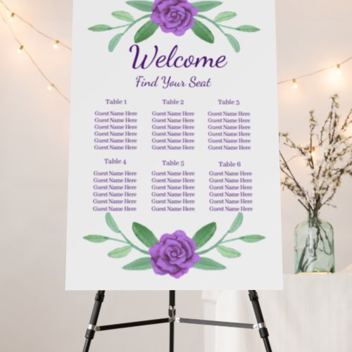 Purple Floral Greenery Foliage Seating Chart Foam Board