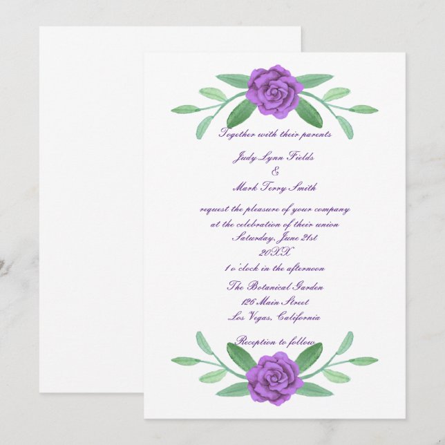 Purple Floral Greenery Foliage Wedding Invitation (Front/Back)