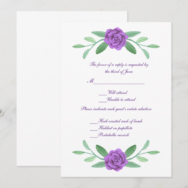 Purple Floral Greenery Foliage Wedding Response Invitation (Front/Back)