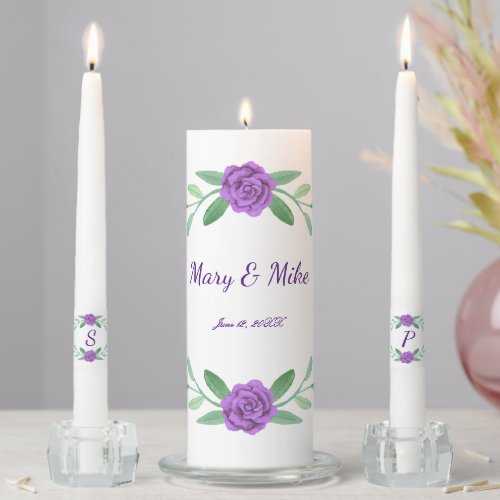 Purple Floral Greenery Foliage Wedding Unity Candle Set