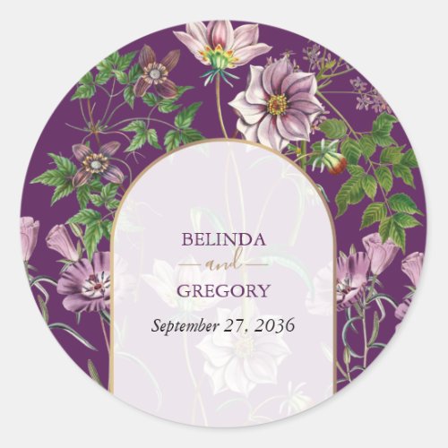 Purple Floral Greenery Gold Arch Wedding  Classic Round Sticker