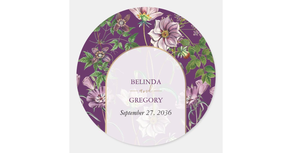 Purple Floral Greenery Gold Arch Wedding Classic Round Sticker | Zazzle