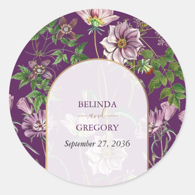 Purple Floral Greenery Gold Arch Wedding  Classic Round Sticker (Front)