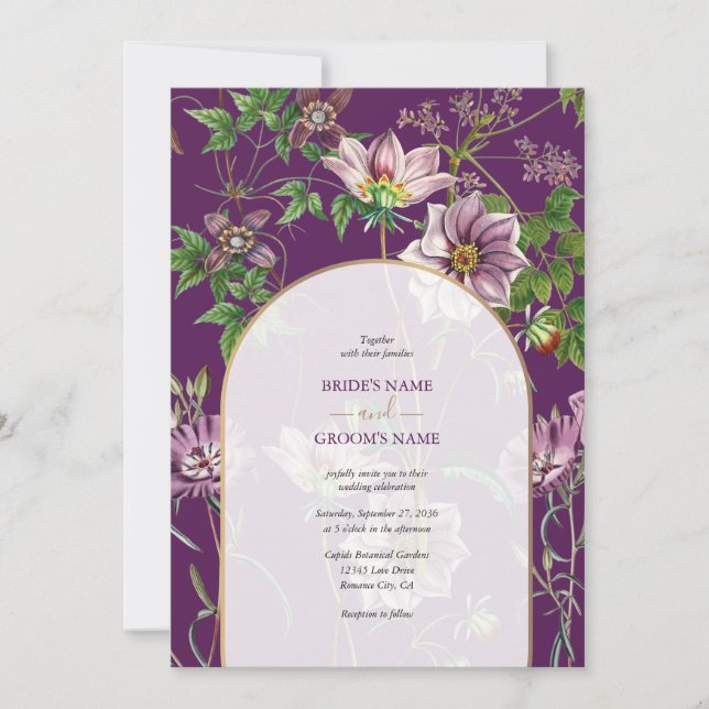 Purple Floral Greenery Gold Arch Wedding Invitation (Front)