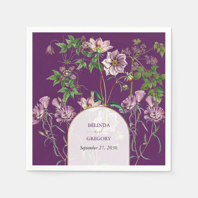 Purple Floral Greenery Gold Arch Wedding Napkins (Front)