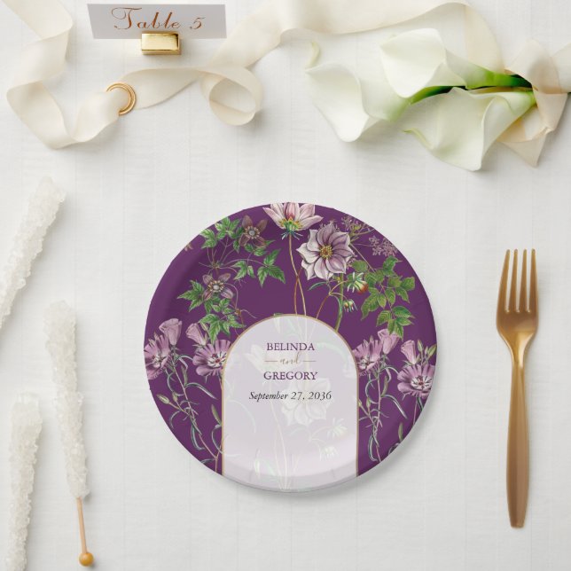 Purple Floral Greenery Gold Arch Wedding   Paper Plates (Wedding)