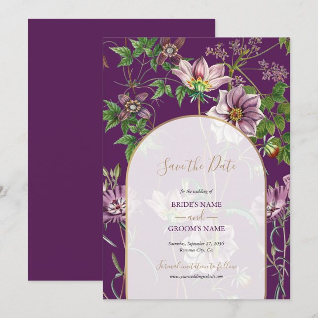 Purple Floral Greenery Gold Arch Wedding  Save The Date (Front/Back)