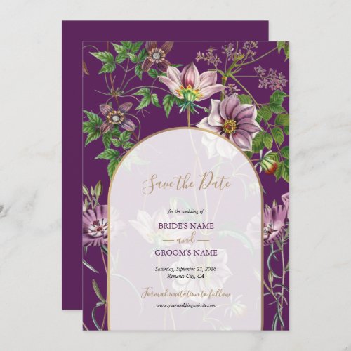 Purple Floral Greenery Gold Arch Wedding  Save The Date