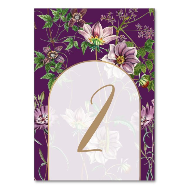 Purple Floral Greenery Gold Arch Wedding Table Number (Front)