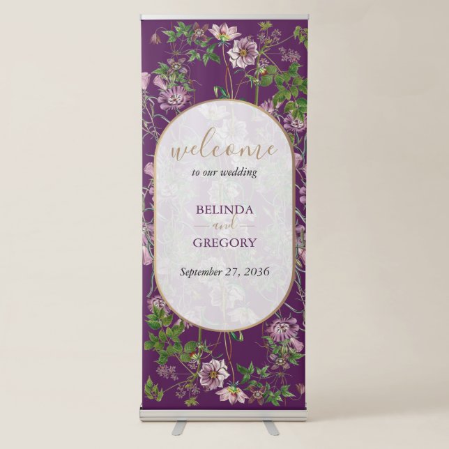 Purple Floral Greenery Gold Wedding Welcome Sign (Front)