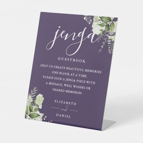 Purple Floral Greenery Jenga Wedding Guestbook Pedestal Sign