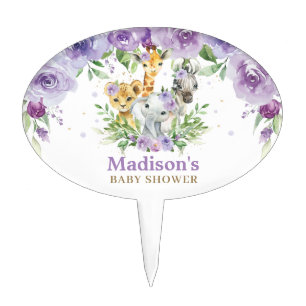 Purple Floral Greenery Jungle Animals Baby Shower  Cake Topper