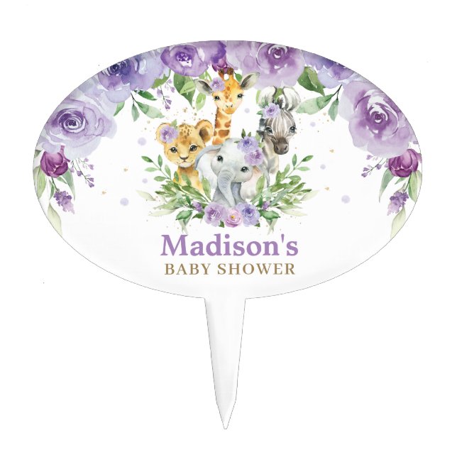 Purple Floral Greenery Jungle Animals Baby Shower  Cake Topper (Front)