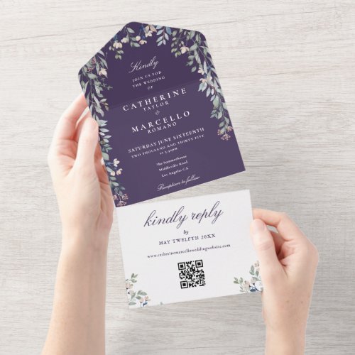 Purple Floral Greenery QR Code Wedding All In One Invitation