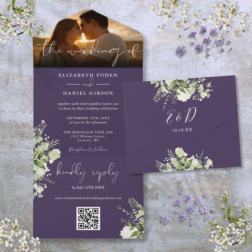 Purple Floral Greenery QR Code Wedding Photo All In One Invitation