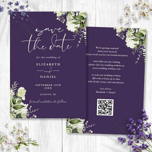 Purple Floral Greenery QR Code Wedding Save The Date