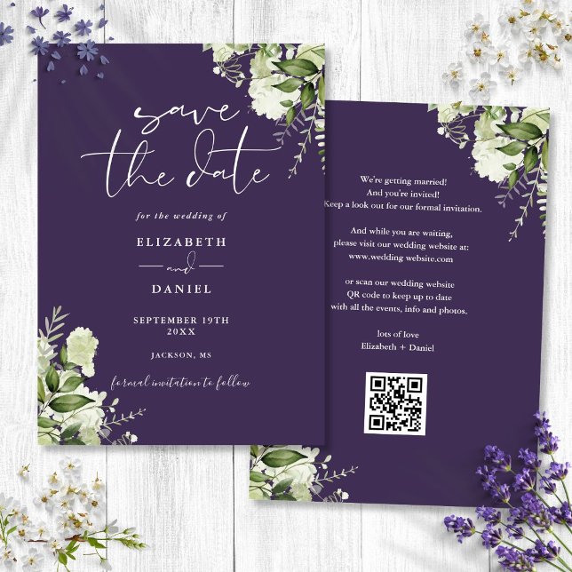 Purple Floral Greenery QR Code Wedding Save The Date (Purple Floral Greenery QR Code Wedding Save The Date)