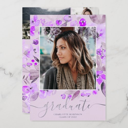 Purple floral greenery script 3 photos graduation foil invitation