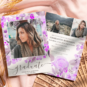 Purple floral greenery script 3 photos graduation invitation