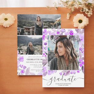 Purple floral greenery script photo graduation invitation