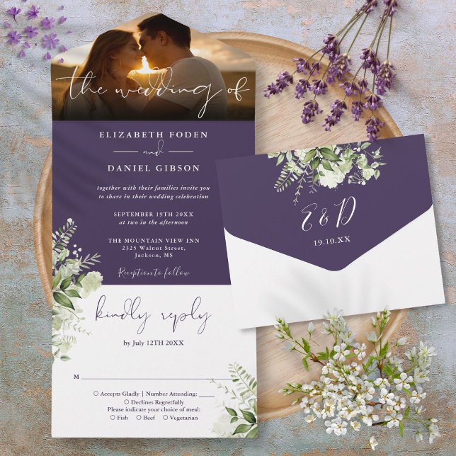 Purple Floral Greenery Script Wedding Photo All In One Invitation (Purple Floral Greenery Script Wedding Photo All In One Invitation)
