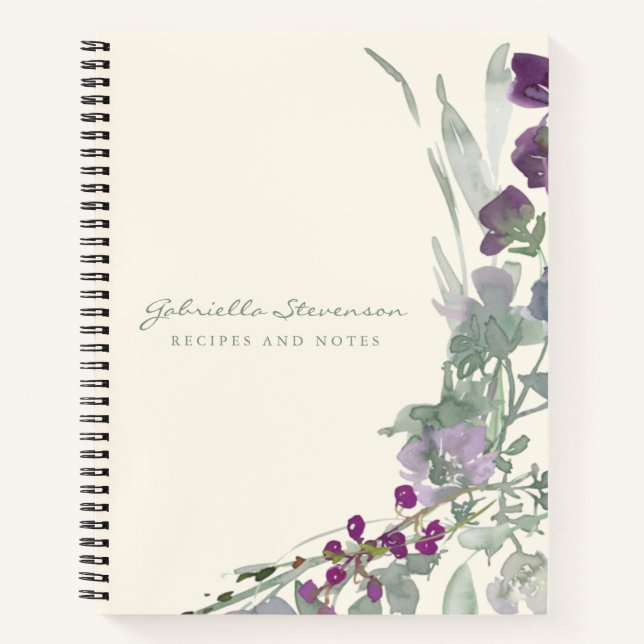 Purple Floral Greenery Watercolor Custom Recipe Notebook (Front)