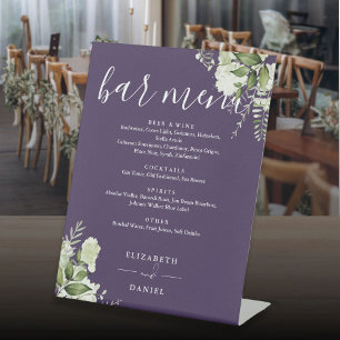 Purple Floral Greenery Wedding Bar Menu Pedestal Sign