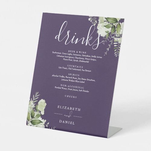 Purple Floral Greenery Wedding Drinks Menu Pedestal Sign